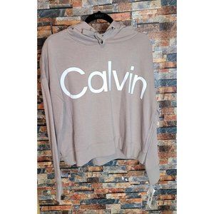 Calvin Klein Women's Taupe Crop Hoodie with Iconic Logo Detailing